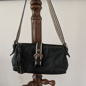The Sak Black Leather Crossbody with Striped Strap